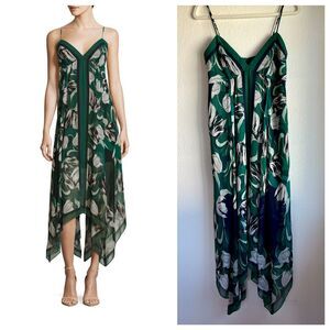 BCBGMAXAZRIA Asymmetrical Tulip Print Isabela Dress in Emerald & Navy Size Small